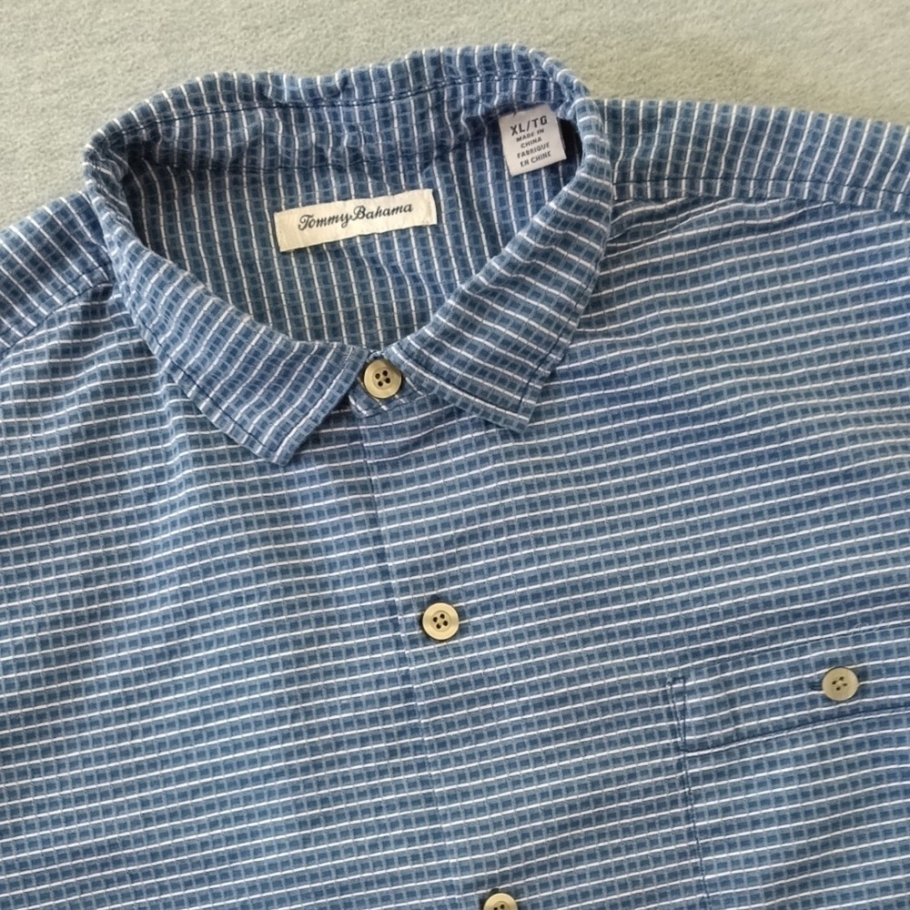 Tommy Bahama Mens XL Silk Cotton Blue Grid Short Sleeve Button Down Shirt